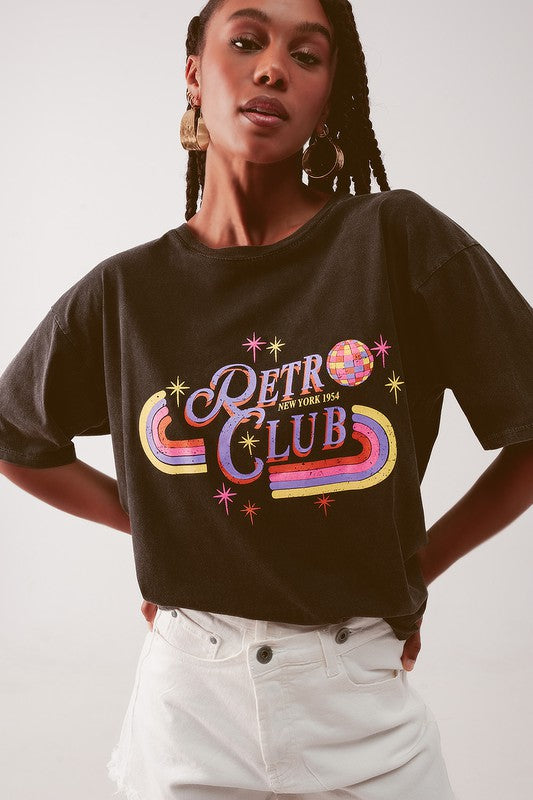Relaxed T Shirt In Washed Black With Retro Print