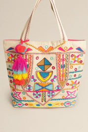 Abstract Pattern Pom-Pom Tassel Shoulder Bag