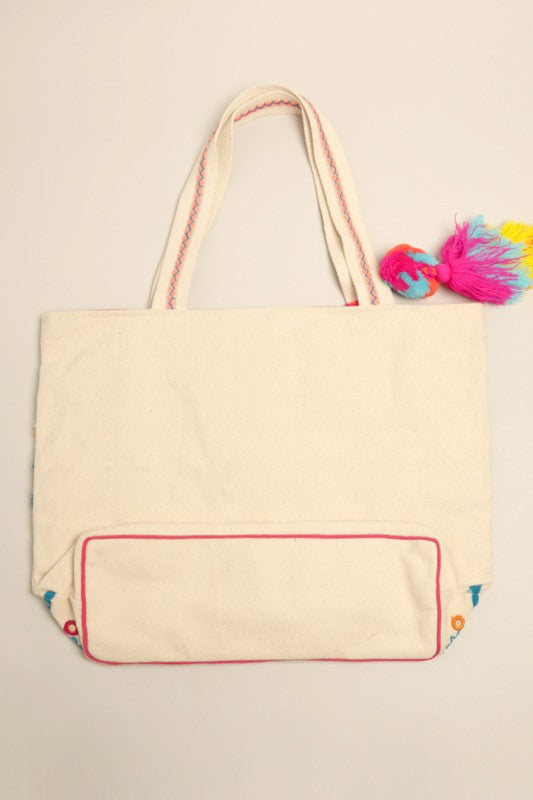 Abstract Pattern Pom-Pom Tassel Shoulder Bag