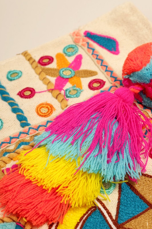 Abstract Pattern Pom-Pom Tassel Shoulder Bag