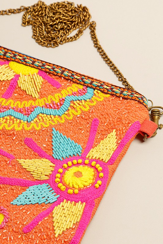 Colorful Embroidered with Beads Clutch with Chain
