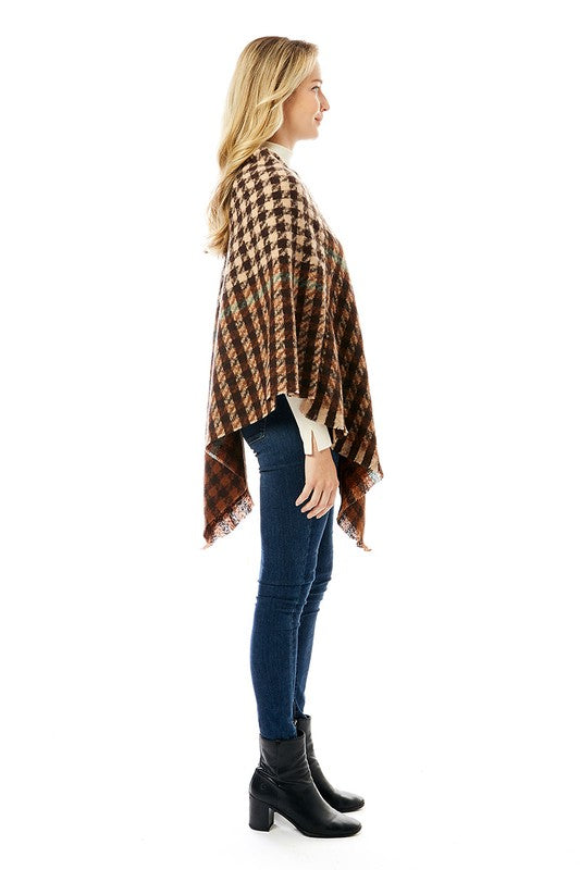 Women's Hounds Tooth Poncho With Fringe
