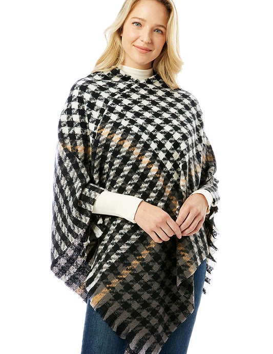Women's Hounds Tooth Poncho With Fringe
