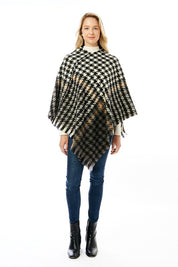 Women's Hounds Tooth Poncho With Fringe