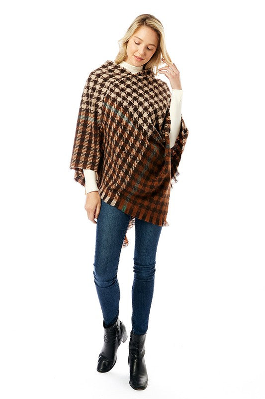 Women's Hounds Tooth Poncho With Fringe