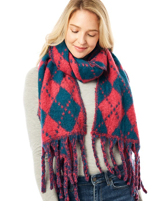 Women's Multi Colored Argyle Scarf With Fringe