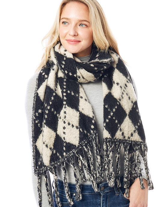 Women's Multi Colored Argyle Scarf With Fringe