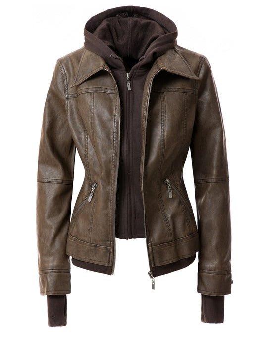 Women's Hood PU Leather Jacket