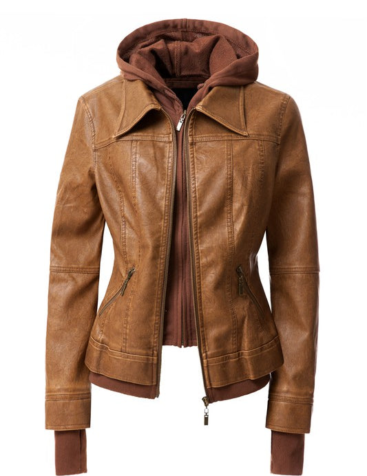 Women's Hood PU Leather Jacket