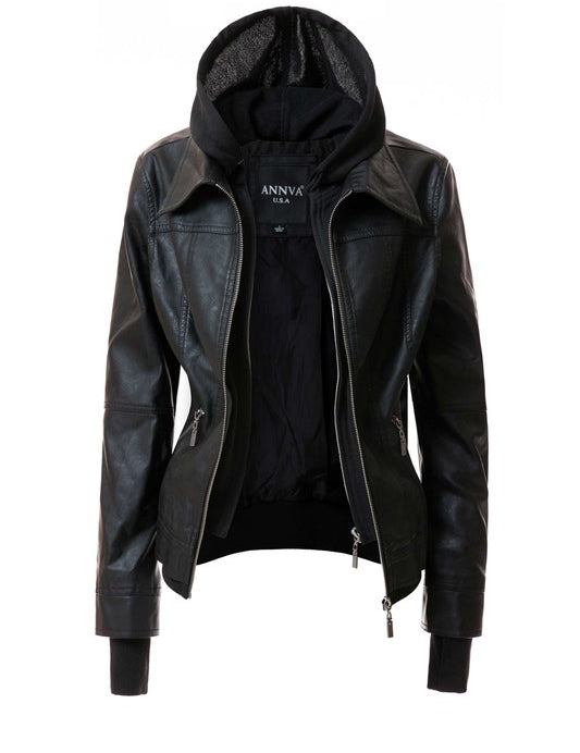Women's Hood PU Leather Jacket