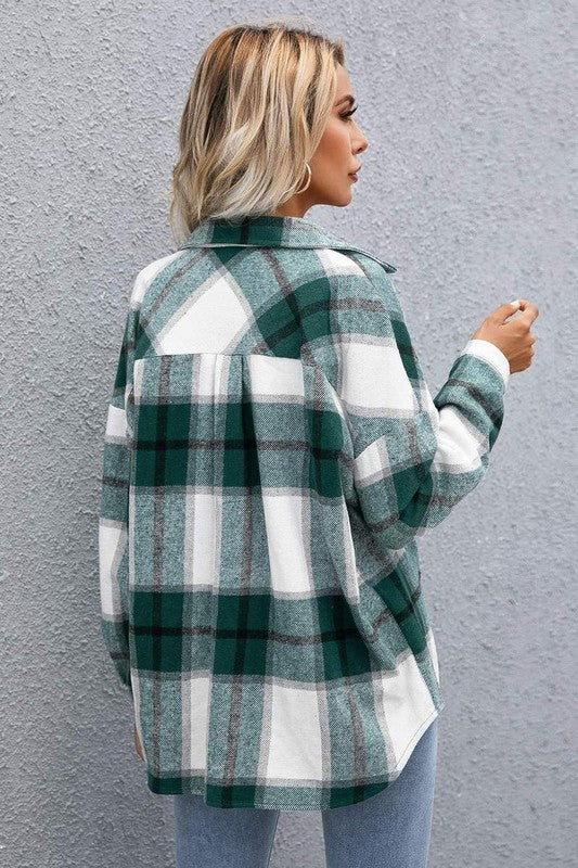 Plaid Flap Pocket Drop Shoulder Jacket