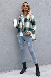 Plaid Flap Pocket Drop Shoulder Jacket
