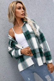 Plaid Flap Pocket Drop Shoulder Jacket