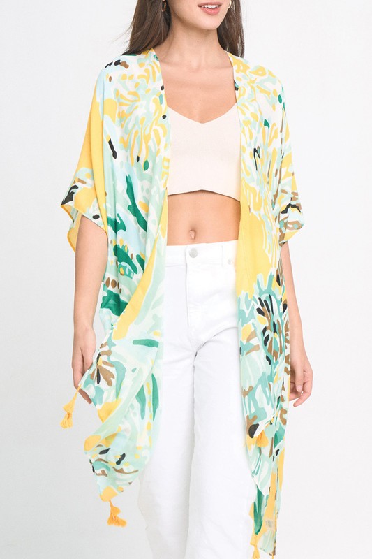 Pastel Floral Print Open Front Kimono