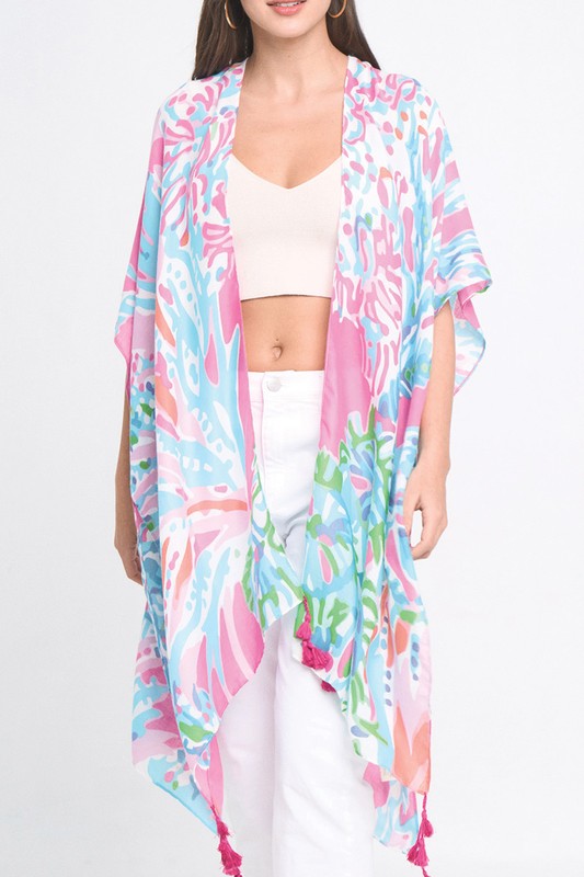 Pastel Floral Print Open Front Kimono