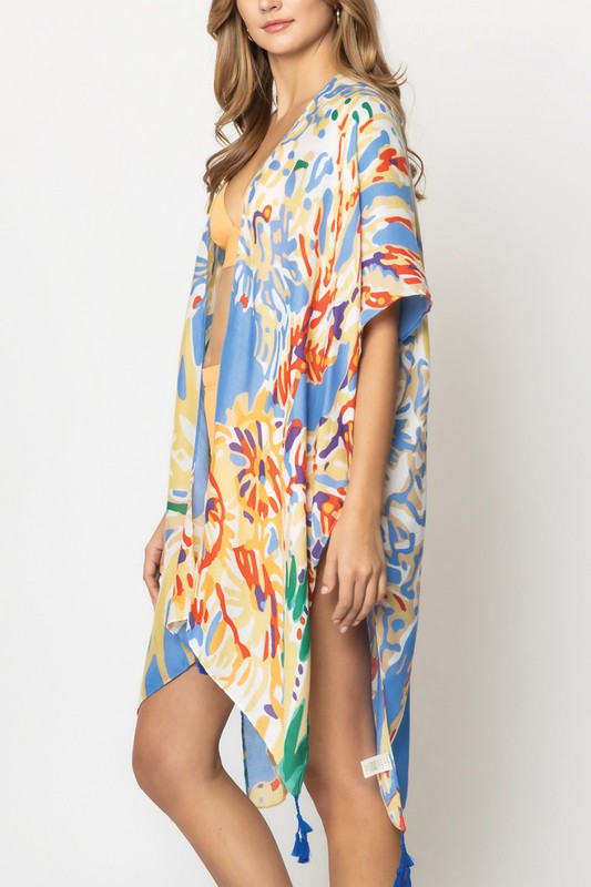 Pastel Floral Print Open Front Kimono