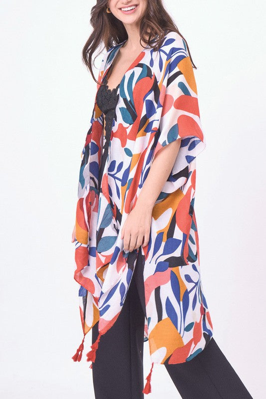 Abstract Tropical Print Open Front Kimono
