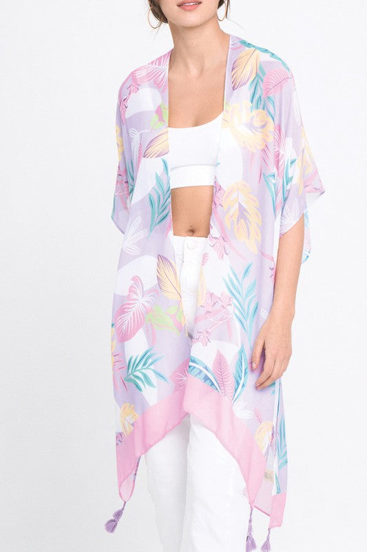 Pastel Palm Leaf Open Front Kimono