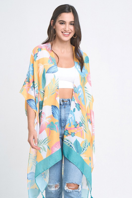 Pastel Palm Leaf Open Front Kimono