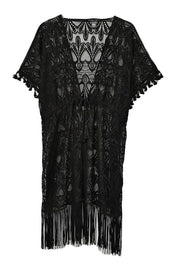 Heart Pattern Laced Kimono with Fringe