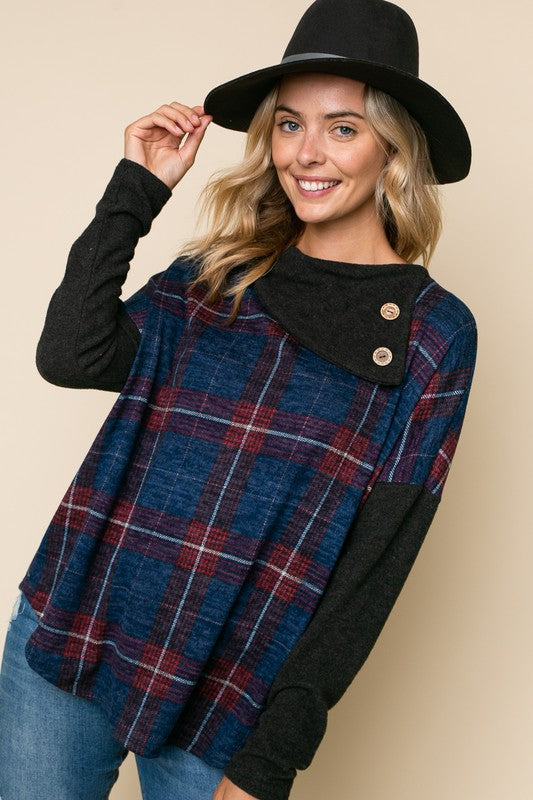 PLAID MIXED SPLIT COLLAR TOP