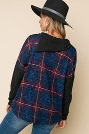 PLAID MIXED SPLIT COLLAR TOP