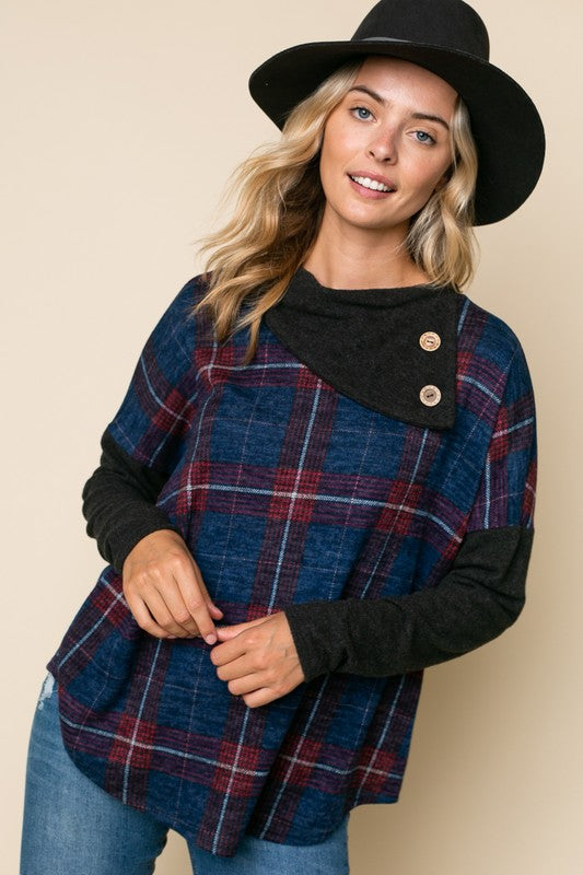 PLAID MIXED SPLIT COLLAR TOP