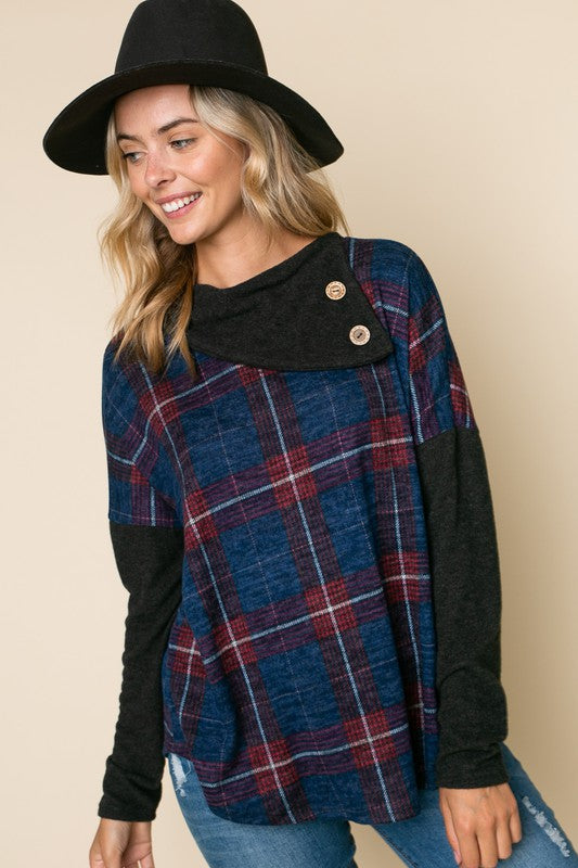 PLAID MIXED SPLIT COLLAR TOP