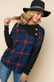 PLAID MIXED SPLIT COLLAR TOP