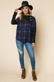 PLAID MIXED SPLIT COLLAR TOP