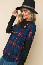 PLAID MIXED SPLIT COLLAR TOP