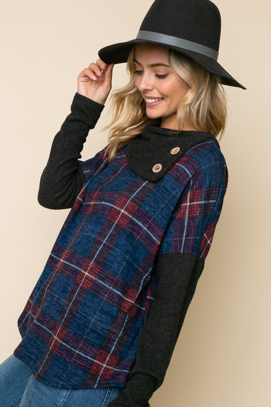 PLAID MIXED SPLIT COLLAR TOP